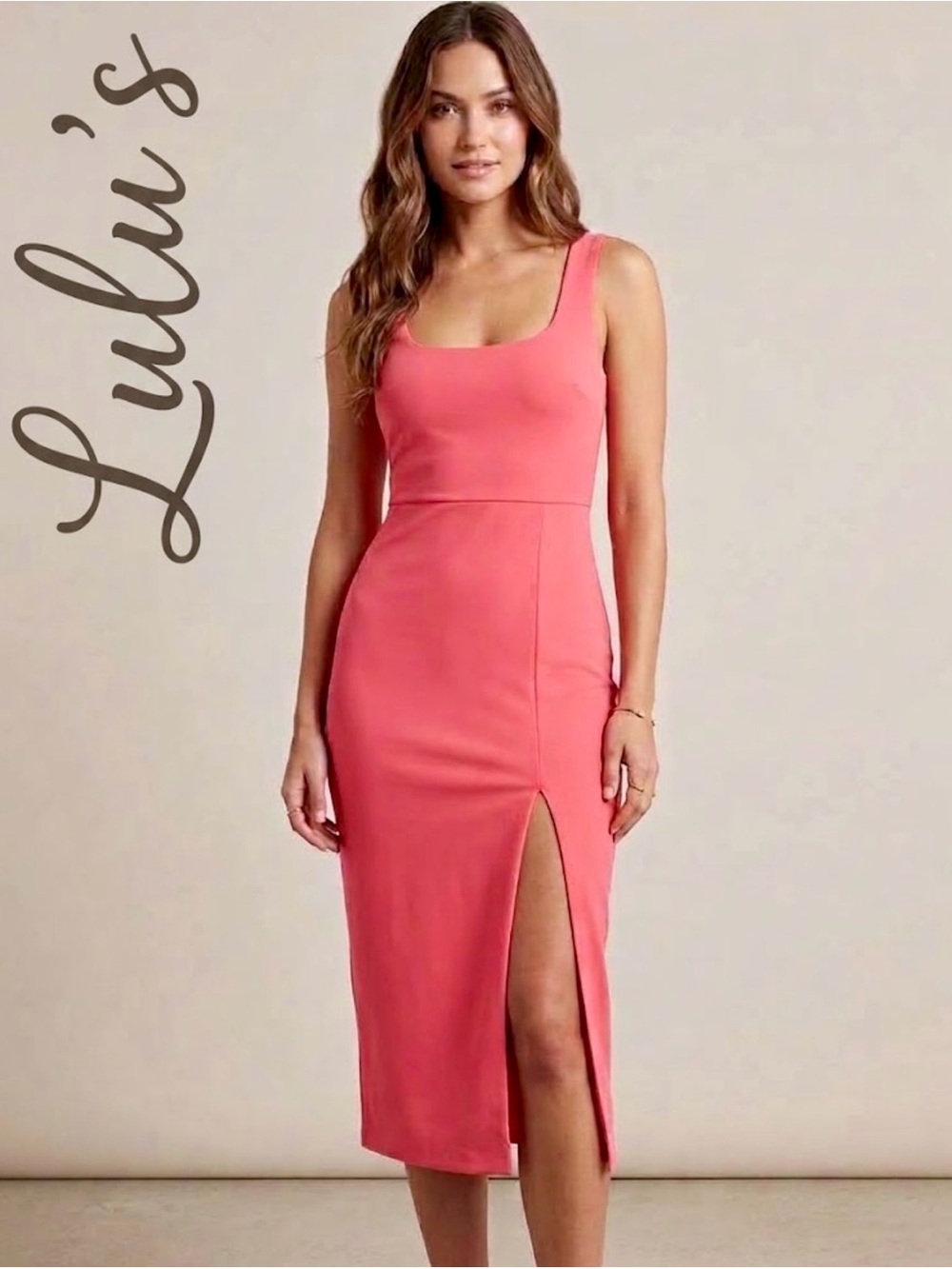 Lulus Coral Pink Square Neck Open Back Cutout Midi Dress Front Slit Size S